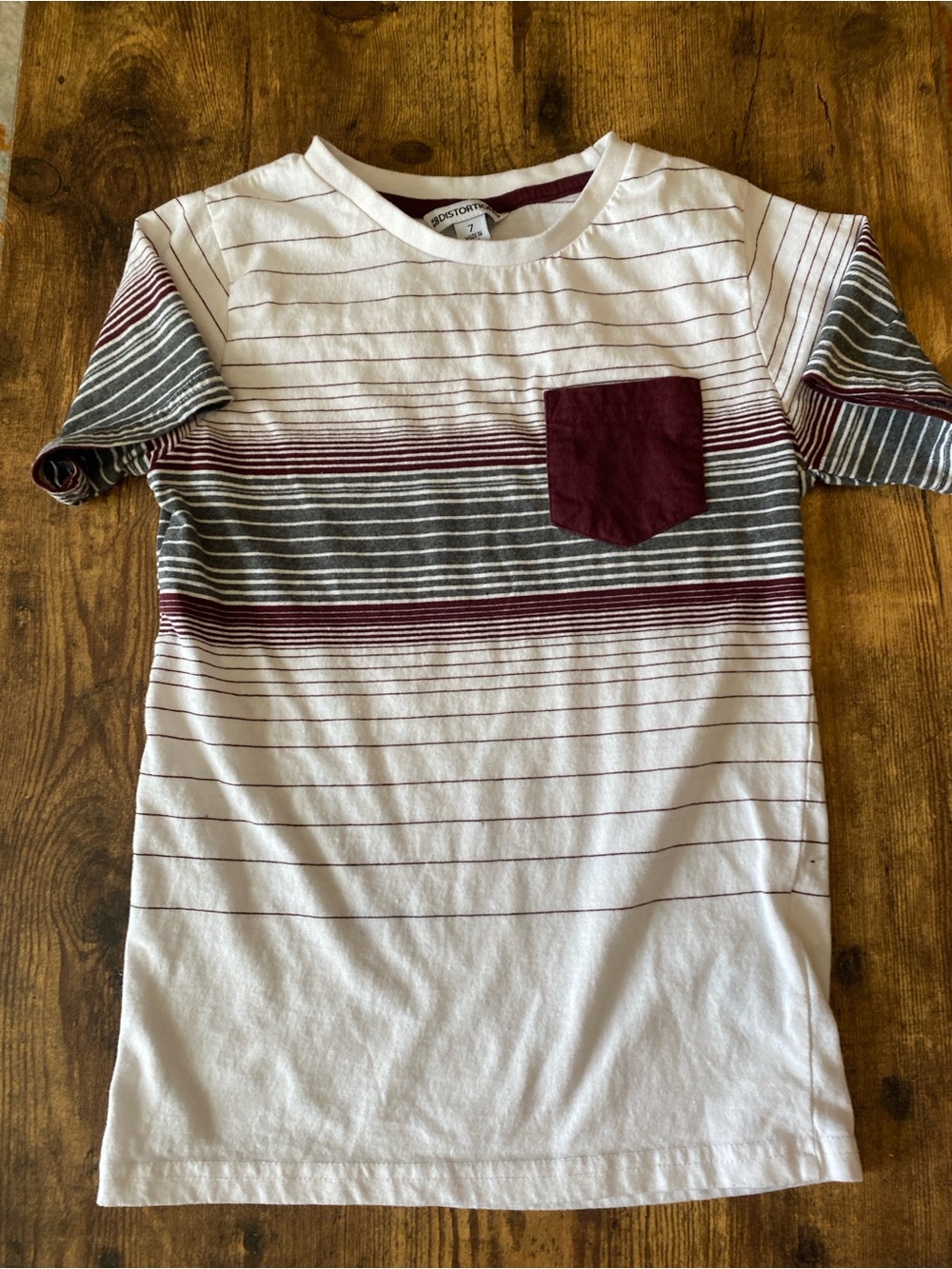 Striped Short-Sleeve Pocket Tee in White, Gray & Burgundy - Kids
